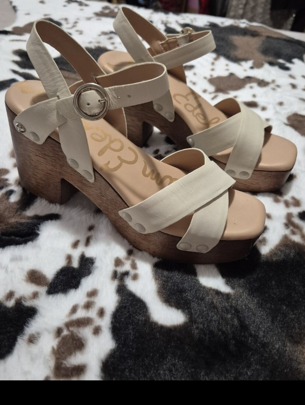 Sam Edelman Cream Josefine  Platform Sandal with Wood-Effect Block Heel-8.5